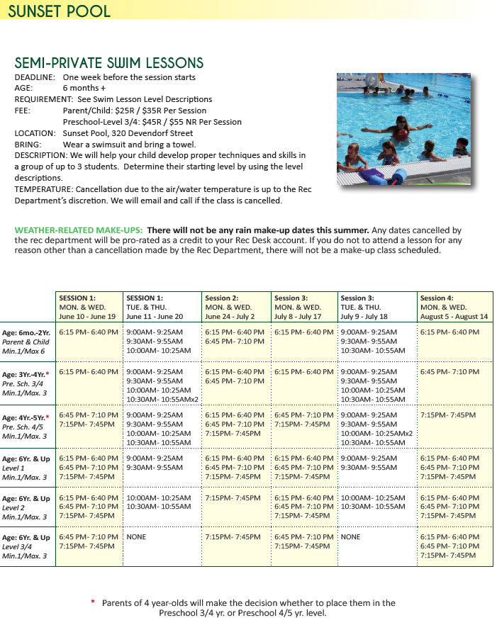 2024 Swim Lesson Schedule